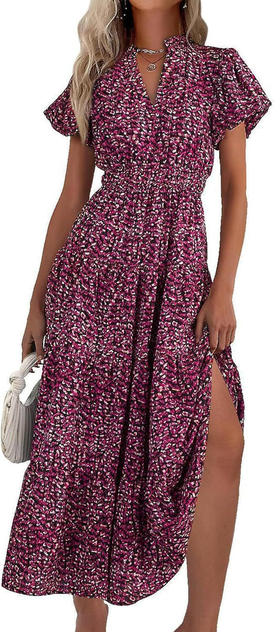 Damen Maxi-Kleid mit floralen Mustern und rüschendem Saum R&B