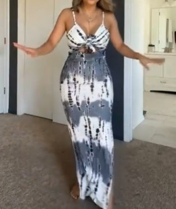 Damen nan ärmelloses Maxikleid mit Spaghettiträgern, Knotenfront und Cut-Out R&B