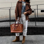 Damen lässige Wildlederjacke im Oversized-Stil mit Taillengürtel R&B