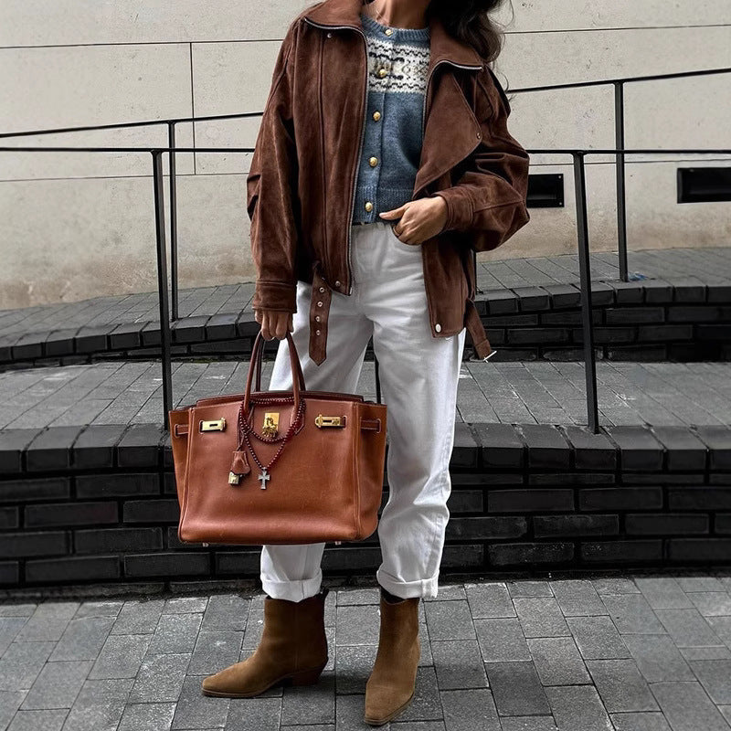 Damen lässige Wildlederjacke im Oversized-Stil mit Taillengürtel R&B