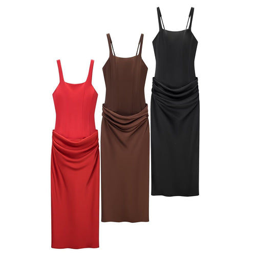 Damen elegantes Midikleid mit raffinierten Drapierungen und verstellbaren Spaghettiträgern R&B