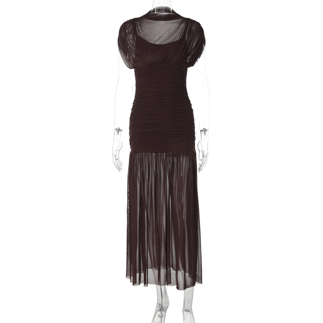 Damen Maxi-Kleid mit transparenten Puffärmeln und elegantem Raffungseffekt R&B