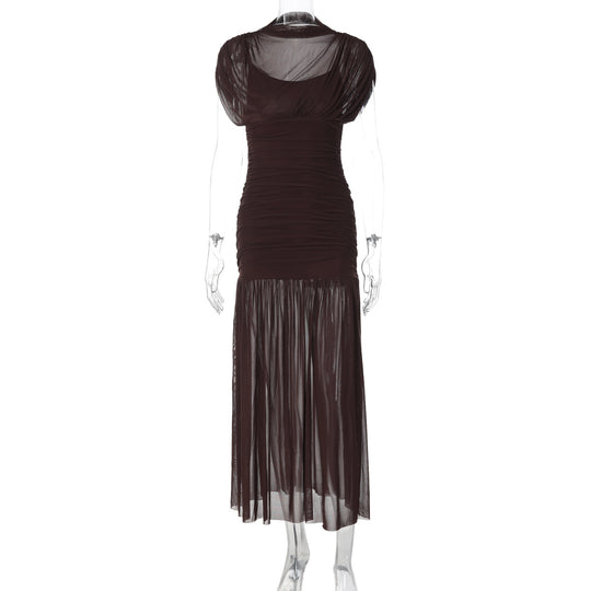 Damen Maxi-Kleid mit transparenten Puffärmeln und elegantem Raffungseffekt R&B