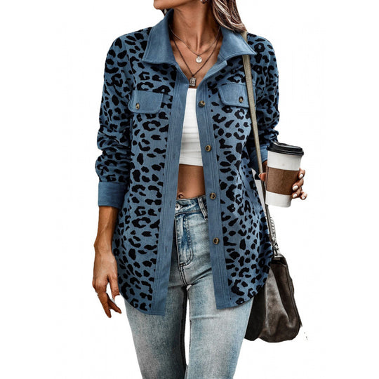 Damen tierisches Print-Langarm-Hemdjacke mit aufgesetzten Taschen R&B