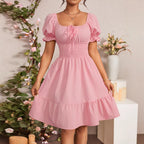 Damen Puffärmel Kleid mit elastischem Tailleneinsatz und Rüschensaum R&B