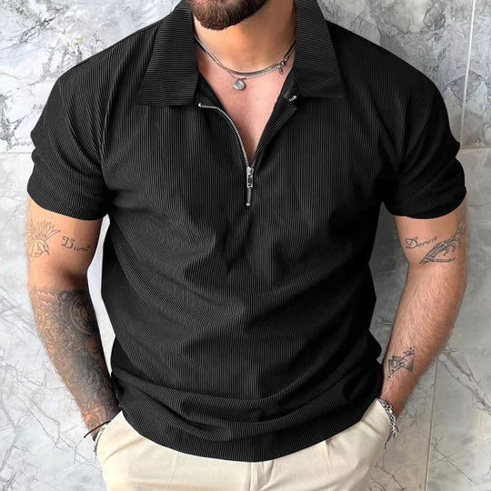 Herren modisches kurzärmliges Polo-Shirt mit lässigem Hochkragen und Reißverschluss R&B