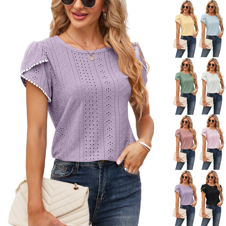 Damen Elegante Bluse mit Rüschenärmeln und Lochmuster R&B