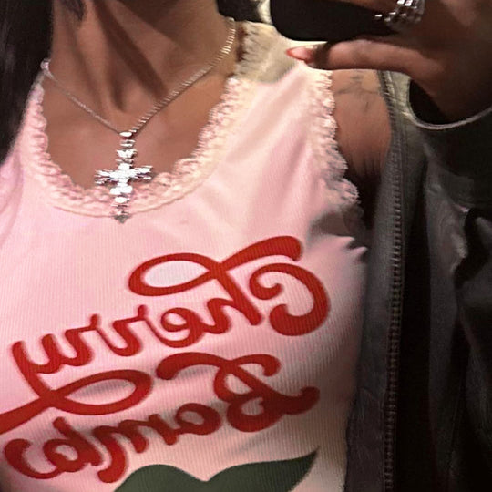 Damen lässiges Crop-Top mit charmantem Spitzenrand und fröhlichem Print R&B