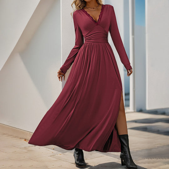 Damen Maxikleid mit tiefem V-Ausschnitt und eleganter Raffung R&B