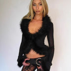 Damen Elegante Transparente Bluse mit Fellbesatz R&B