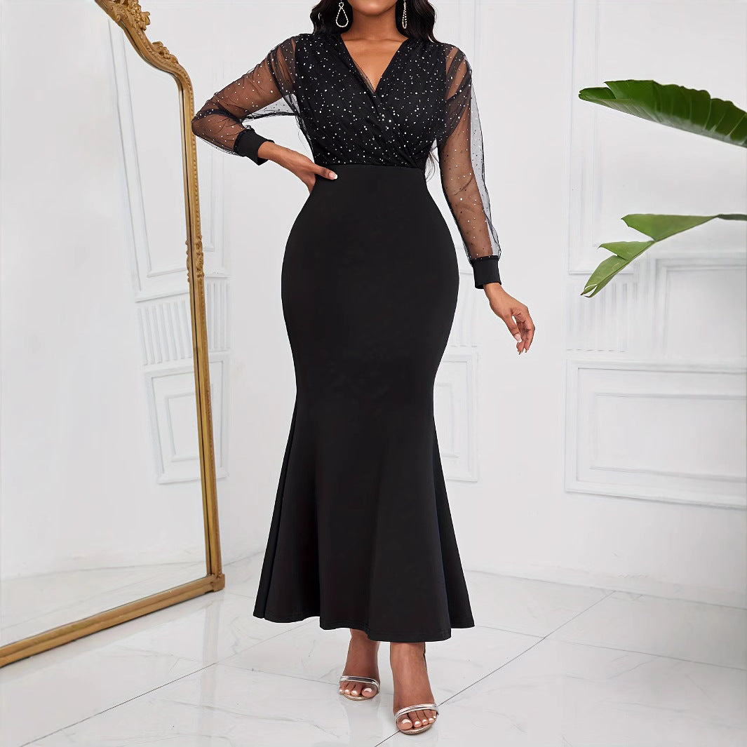 Damen Schickes Abendkleid mit transparenten Puffärmeln und Glitzerakzenten R&B