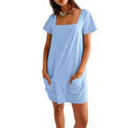 Damen lässiges Tunika-Kleid mit praktischen Taschen und Quadrat-Ausschnitt R&B