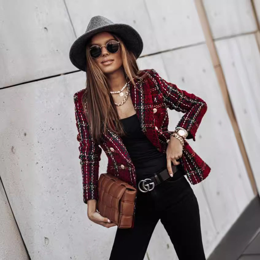 Damen Modischer Bouclé-Blazer mit doppelter Knopfleiste und strukturiertem GewR&Be R&B