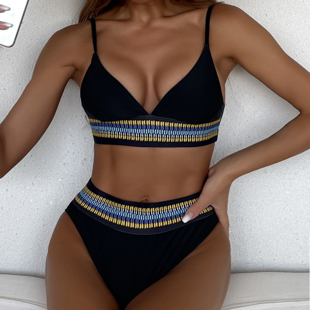 Damen Hochtaillierter Bikini mit buntem Jacquard-Bund R&B