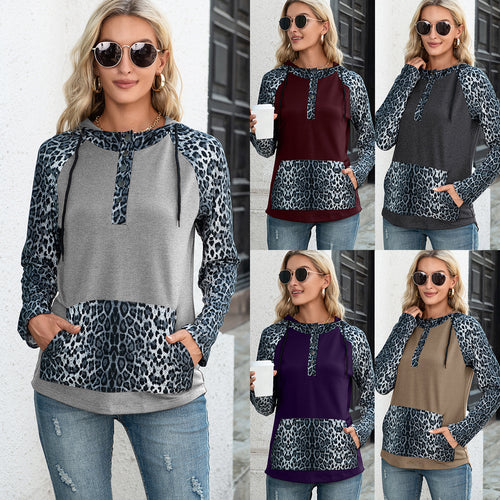 Damen Kapuzenpullover mit Leopardenmuster und Kängurutasche R&B