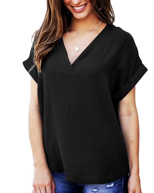 Damen lässiges V-Ausschnitt T-Shirt mit luftiger Passform und umgeschlagenen Ärmeln R&B