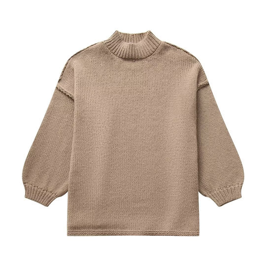 Damen lockerer Strickpullover mit hohem Kragen und überschnittenen Schultern R&B