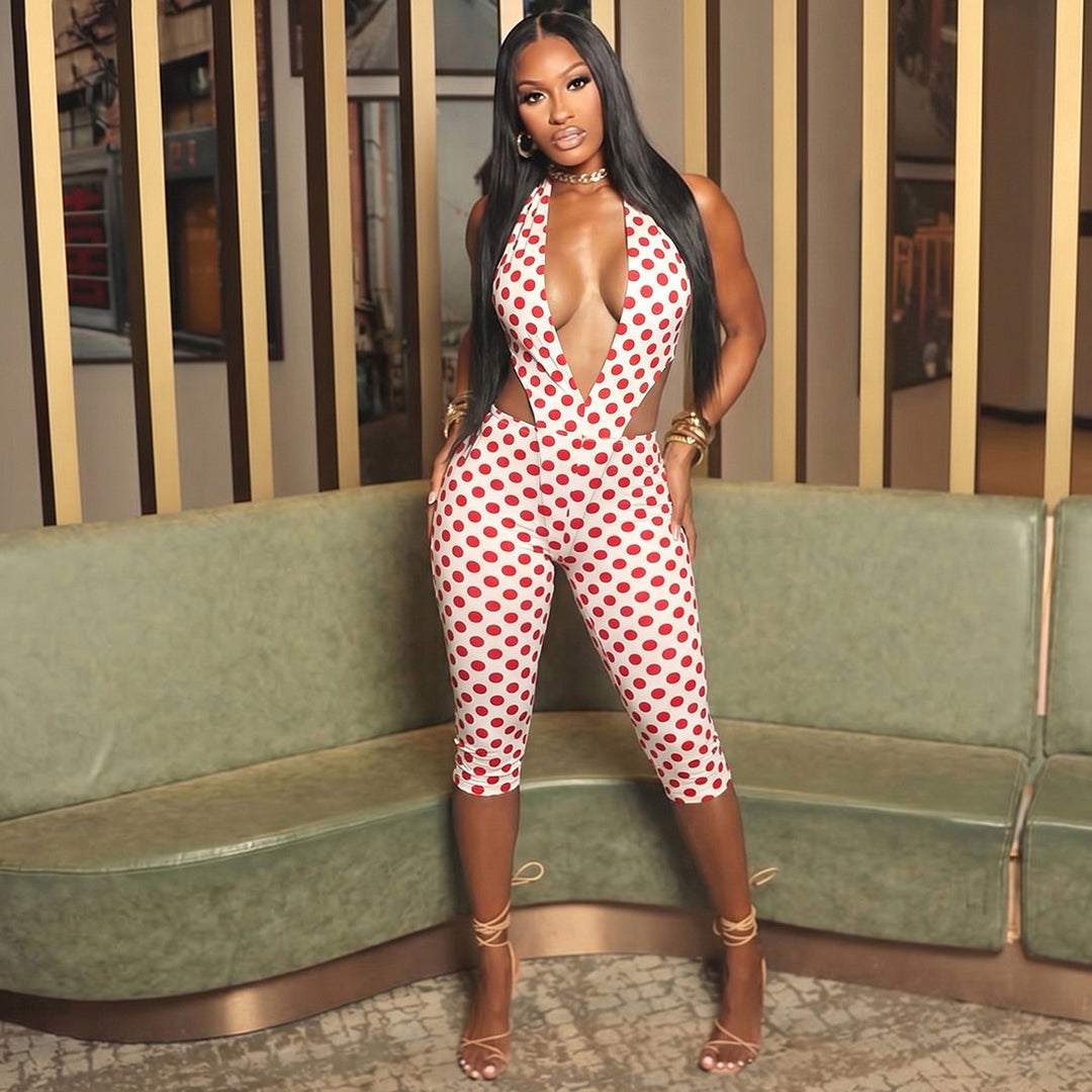 Damen figurbetonter Jumpsuit mit tiefem V-Ausschnitt und Bindegürtel R&B