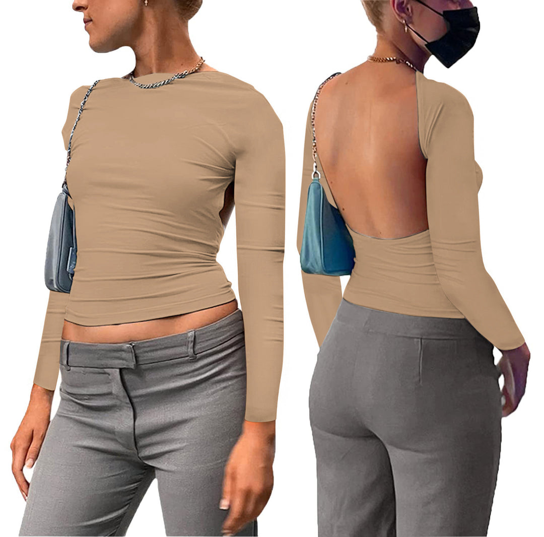 Damen figurbetontes Longsleeve-Oberteil mit offenem Rücken und elegantem Design R&B