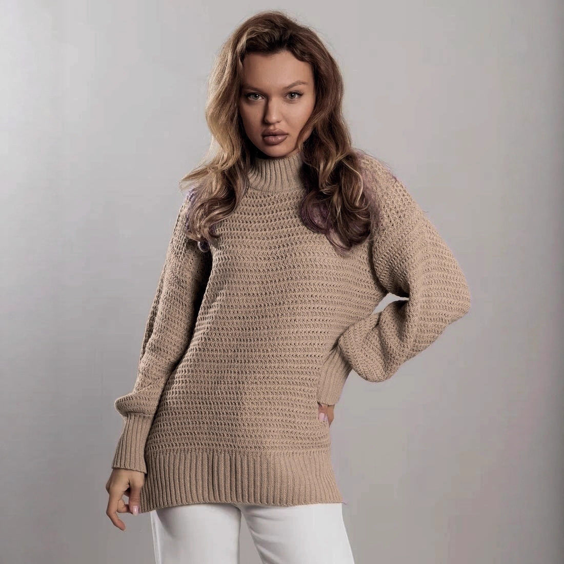 Damen modischer Strickpullover mit strukturiertem Muster und weitem Schnitt R&B