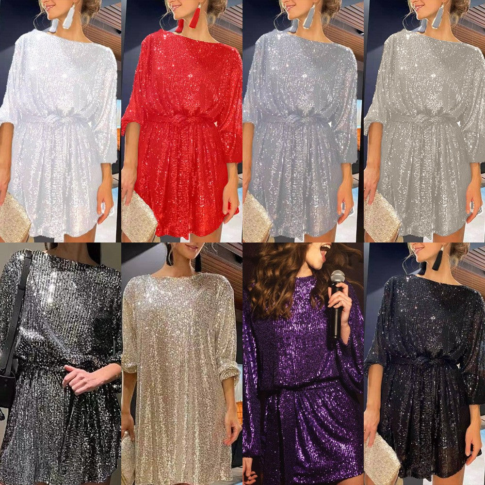 Damen Glamouröses Cocktailkleid mit funkelnden Lurex-Fäden und elastischem Taillengürtel R&B