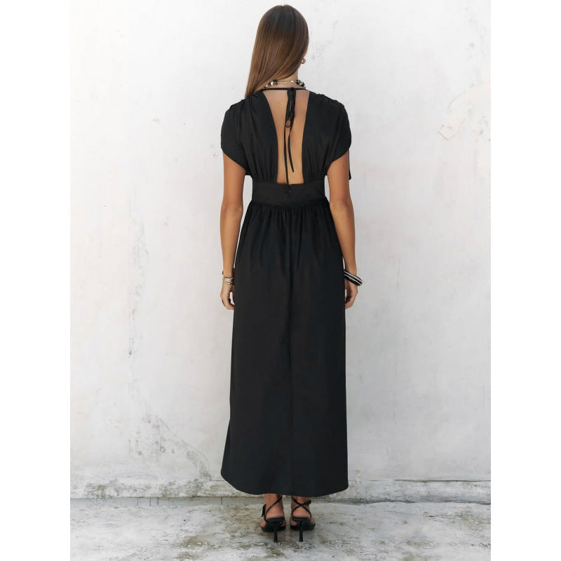 Damen elegante Maxi-Kleid mit raffiniertem Wickeldesign und tiefem V-Ausschnitt R&B