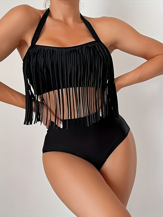 Damen Bikiniset mit fransigem Oberteil und hoch taillierter Hose R&B