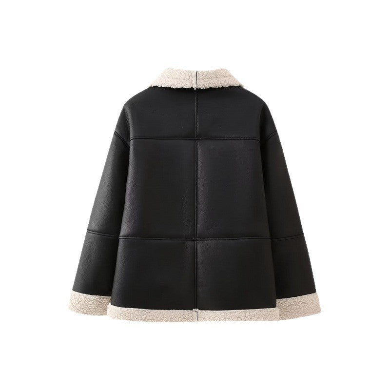 Damen Kunstlederjacke mit gemütlichem Teddyfutter und praktischen Taschen R&B