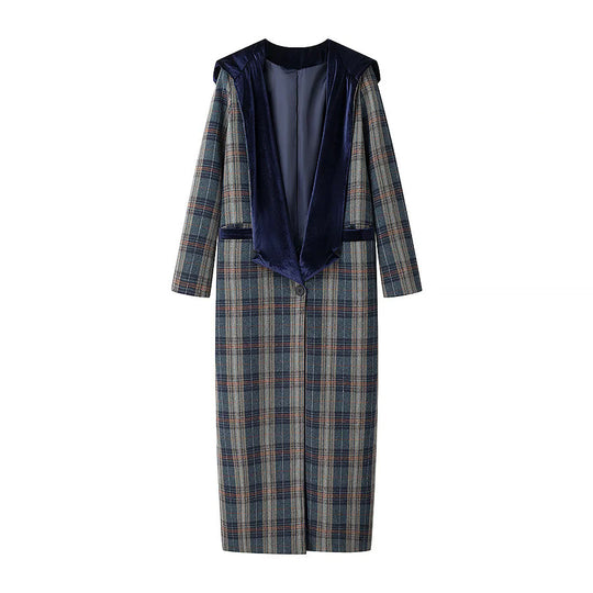 Damen Langblazer mit elegantem Karomuster und Samtkragen R&B