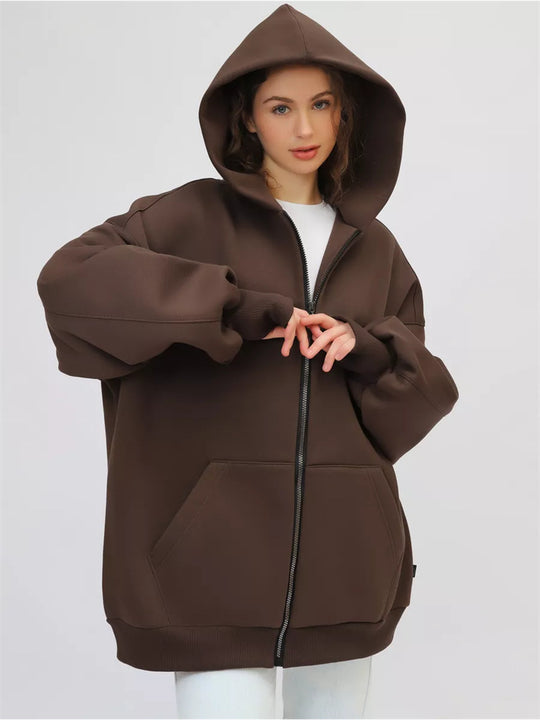 Damen lässiger Oversized Zip-Hoodie mit tiefen Taschen R&B