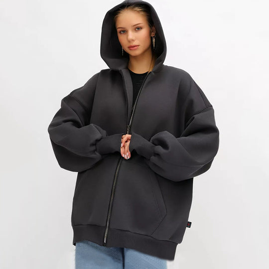 Damen lässiger Oversized Zip-Hoodie mit tiefen Taschen R&B