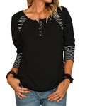 Damen lässiges Langarmshirt mit gestreiften Farbblockdetails und Knopfverschluss