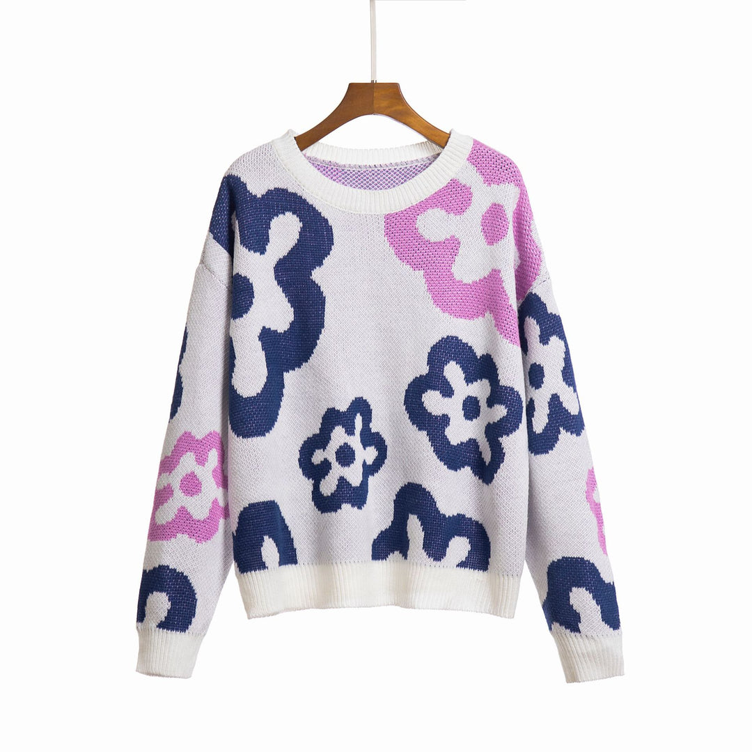 Damen Gemusterter Strickpullover mit floralen Motiven und lässigem Schnitt R&B