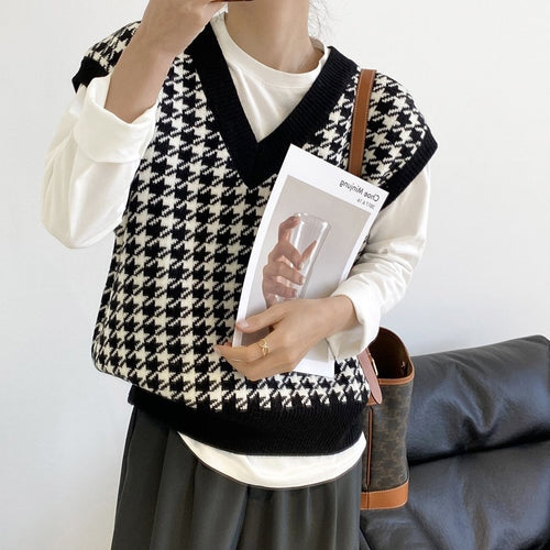 Damen modische Strickweste mit graphischem Hahnentrittmuster R&B