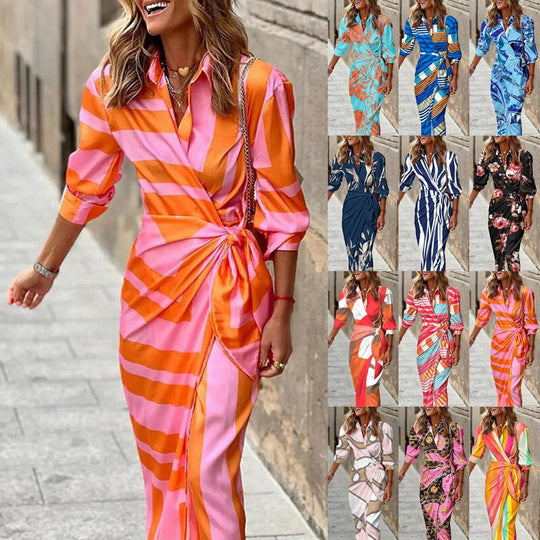 Damen Maxikleid mit asymmetrischem Schnitt und modernen Streifendetails R&B
