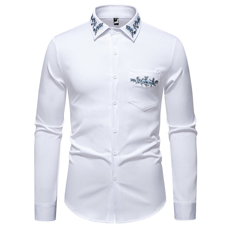 Herren Langarmhemd mit eleganter Blumenstickerei und modernem Kragen R&B