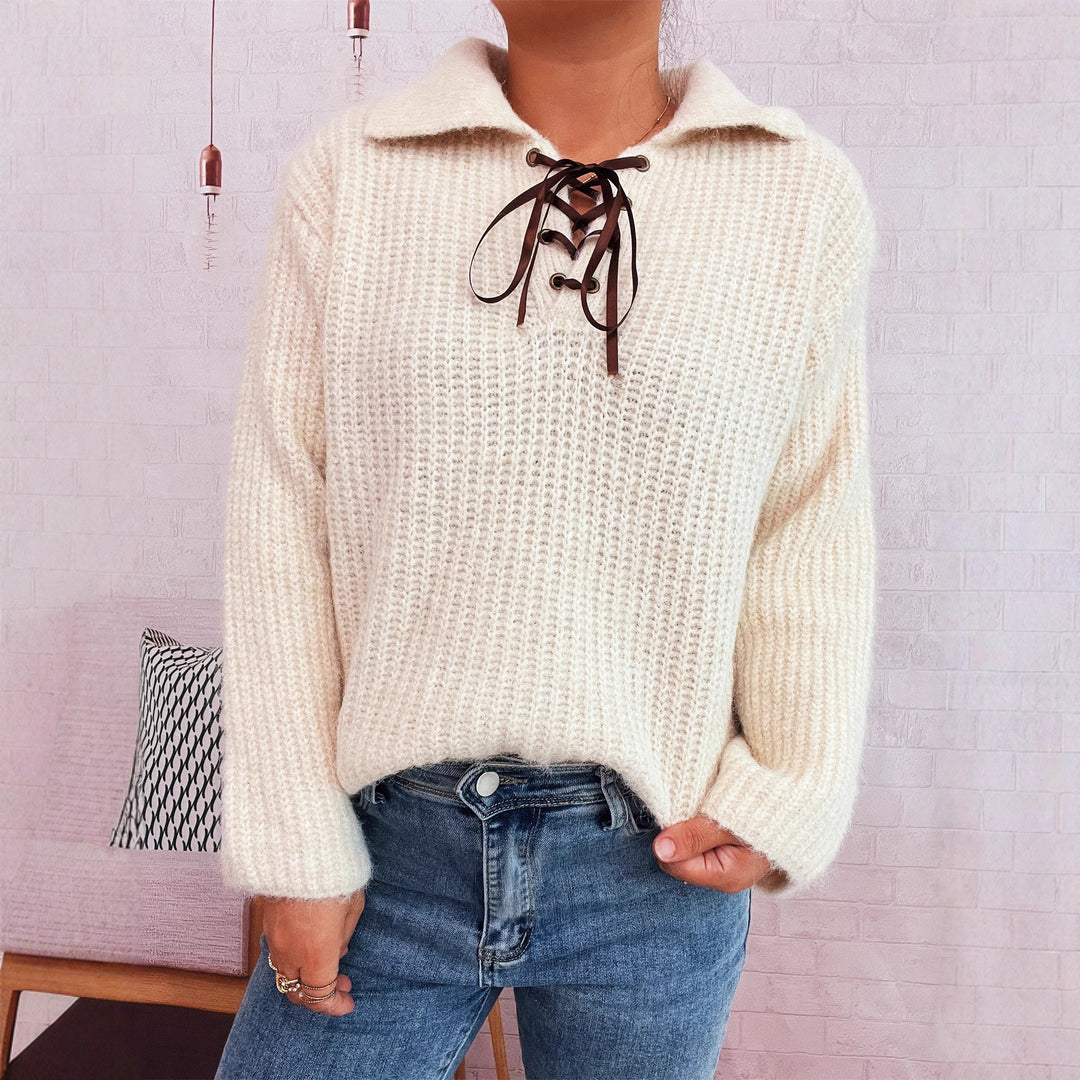 Damen lässiger Strickpullover mit dekorativem Schnürdetail und breiten Ärmel R&B