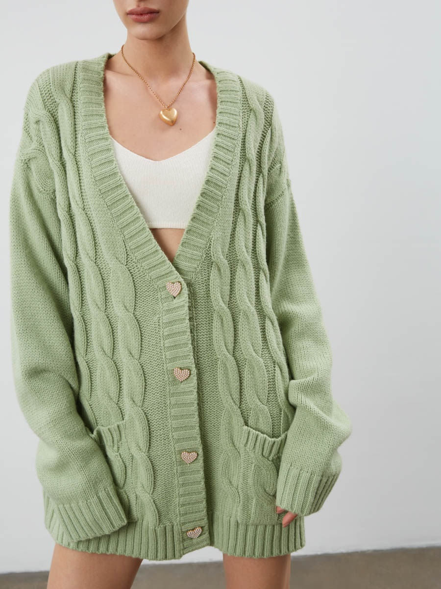 Damen Grobstrick-Cardigan mit herzförmigen Knöpfen und seitlichen Taschen R&B