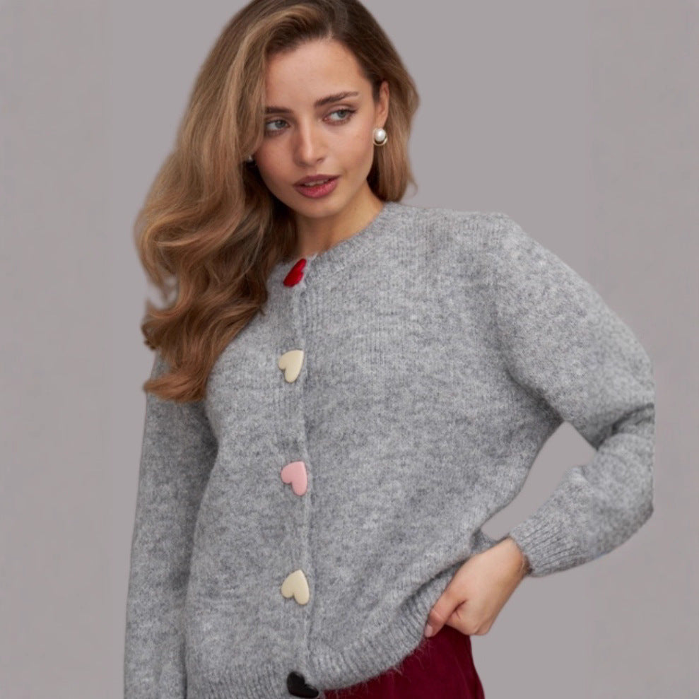 Damen lockerer Strickpullover mit herzförmigen Knöpfen und weitem Schnitt R&B