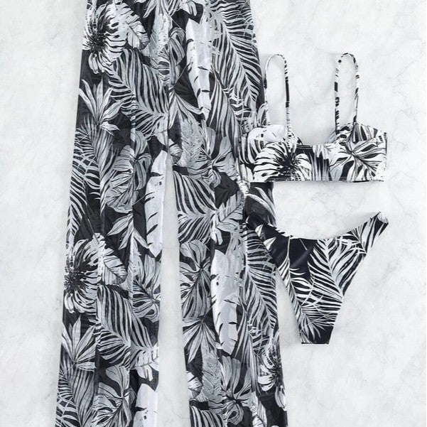 Damen Badeoutfit mit floralem Oberteil und transparenten Palazzohosen R&B