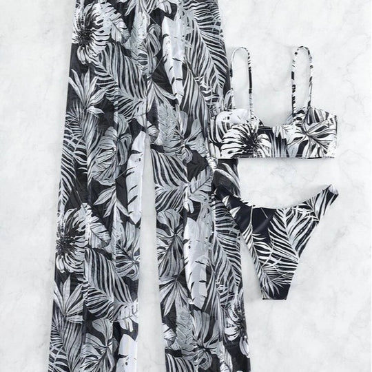 Damen Badeoutfit mit floralem Oberteil und transparenten Palazzohosen R&B