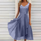 Damen nan A-Linien-Chiffonkleid mit floralem Stickoberteil, V-Ausschnitt, drapiertem Godet-Schwung und verdeckten Seitentaschen R&B