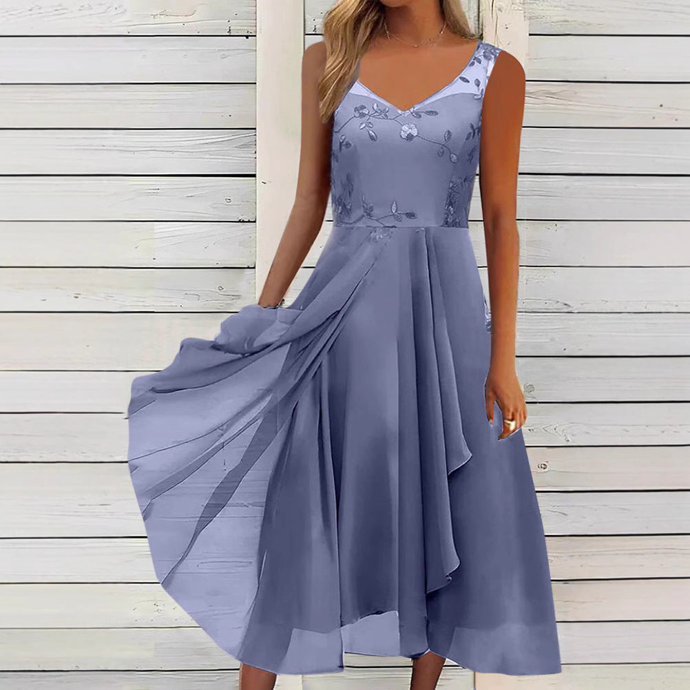 Damen nan A-Linien-Chiffonkleid mit floralem Stickoberteil, V-Ausschnitt, drapiertem Godet-Schwung und verdeckten Seitentaschen R&B