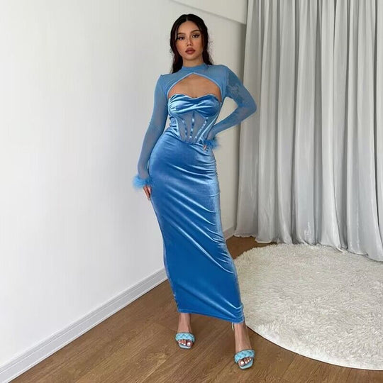 Damen Maxikleid mit innovativer Korsett-Oberpartie und transparenten Ärmeln R&B