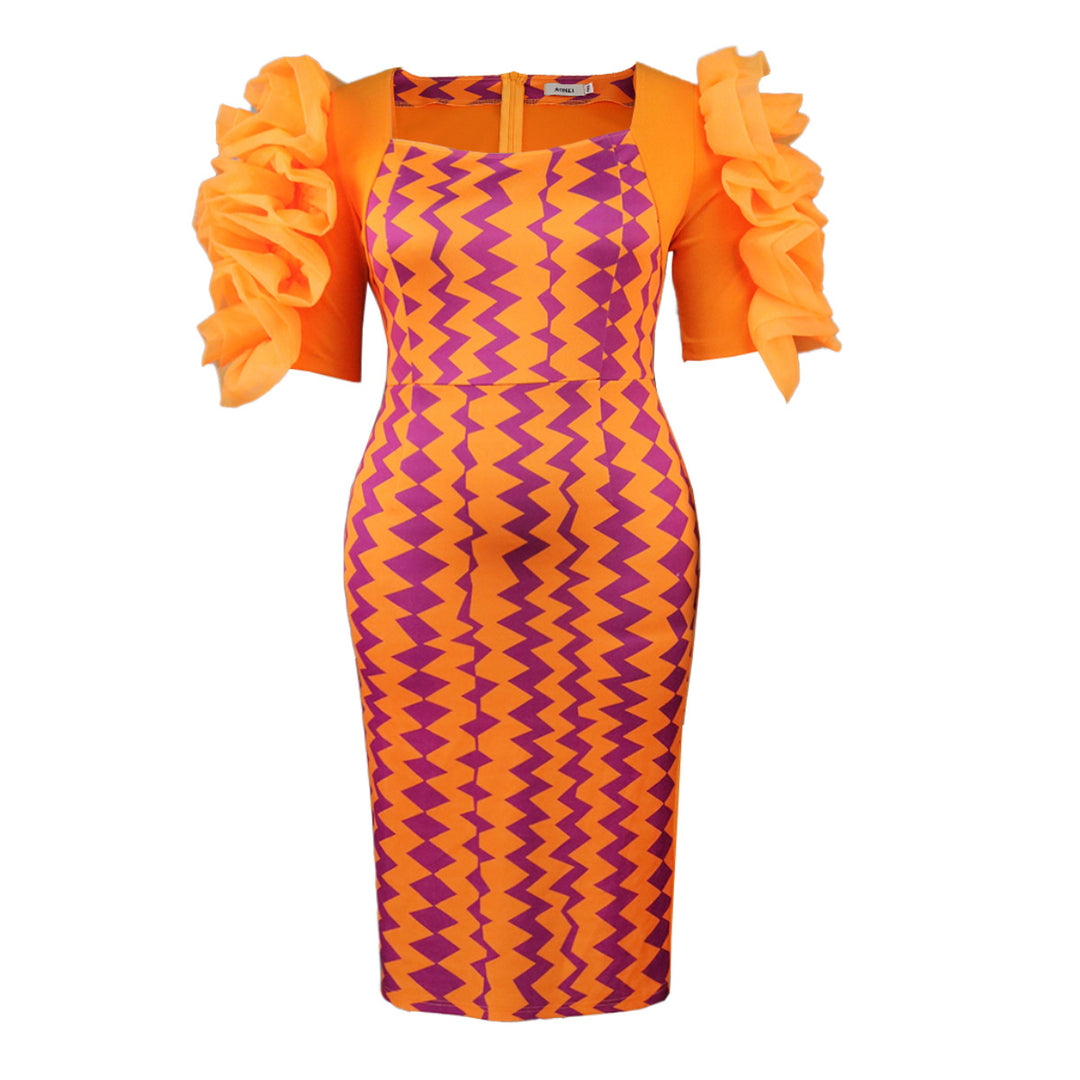 Damen figurbetontes Kleid mit auffälligen Volantärmeln und geometrischem Muster R&B
