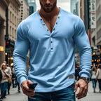 Herren nan athletisches Henley-Langarmshirt mit tiefem V-Ausschnitt, Metallknopfleiste und figurbetontem Slimfit R&B