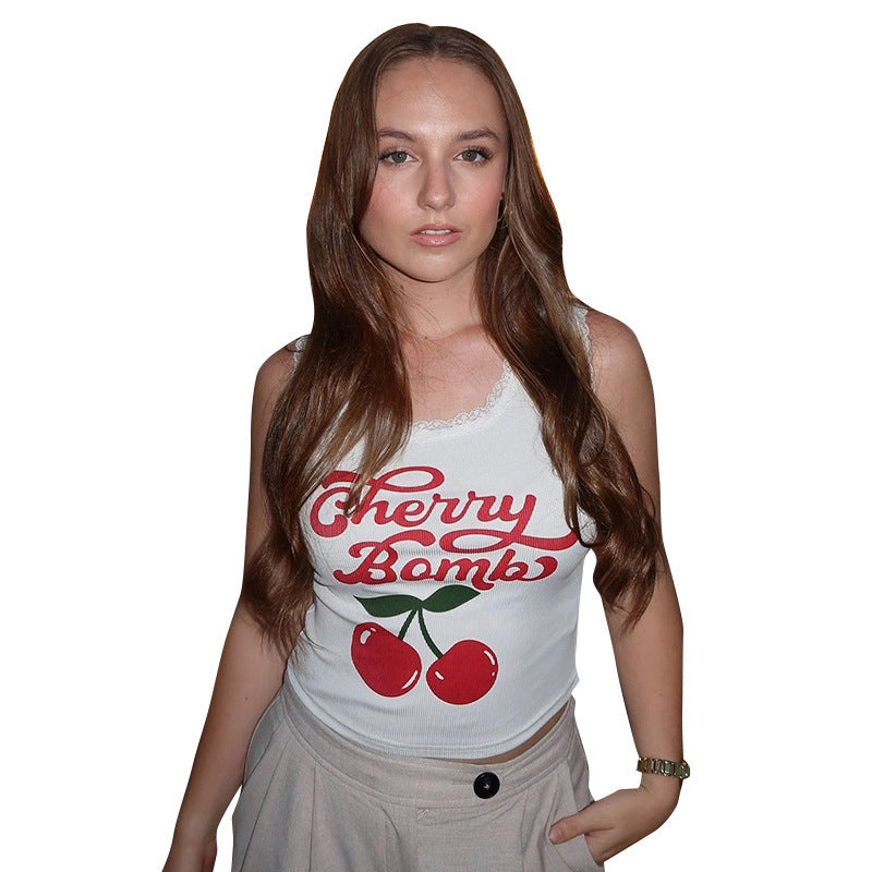 Damen lässiges Crop-Top mit charmantem Spitzenrand und fröhlichem Print R&B