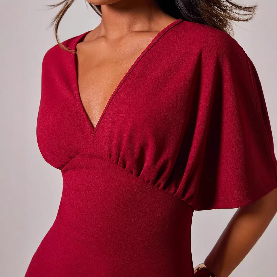 Damen figurbetontes Cocktailkleid mit tiefem V-Ausschnitt und Hüftakzent R&B