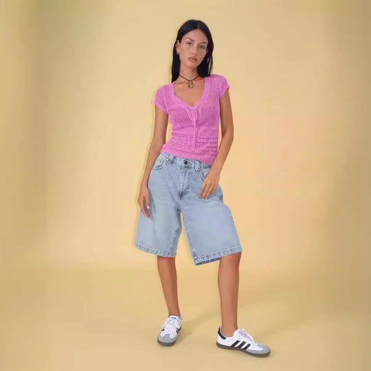 Damen lässige Denim-Shorts mit weitem Schnitt und hohen Seitentaschen R&B