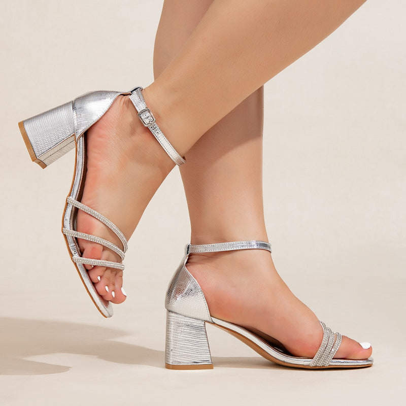 Damen elegante Riemchen-Sandalen mit glitzernden Akzenten und breitem Blockabsatz R&B